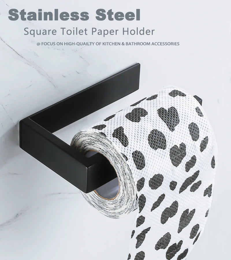 Black Self-Adhesive Toilet Paper Holder Stainless Steel Wall Mount Tissue Roll Rack