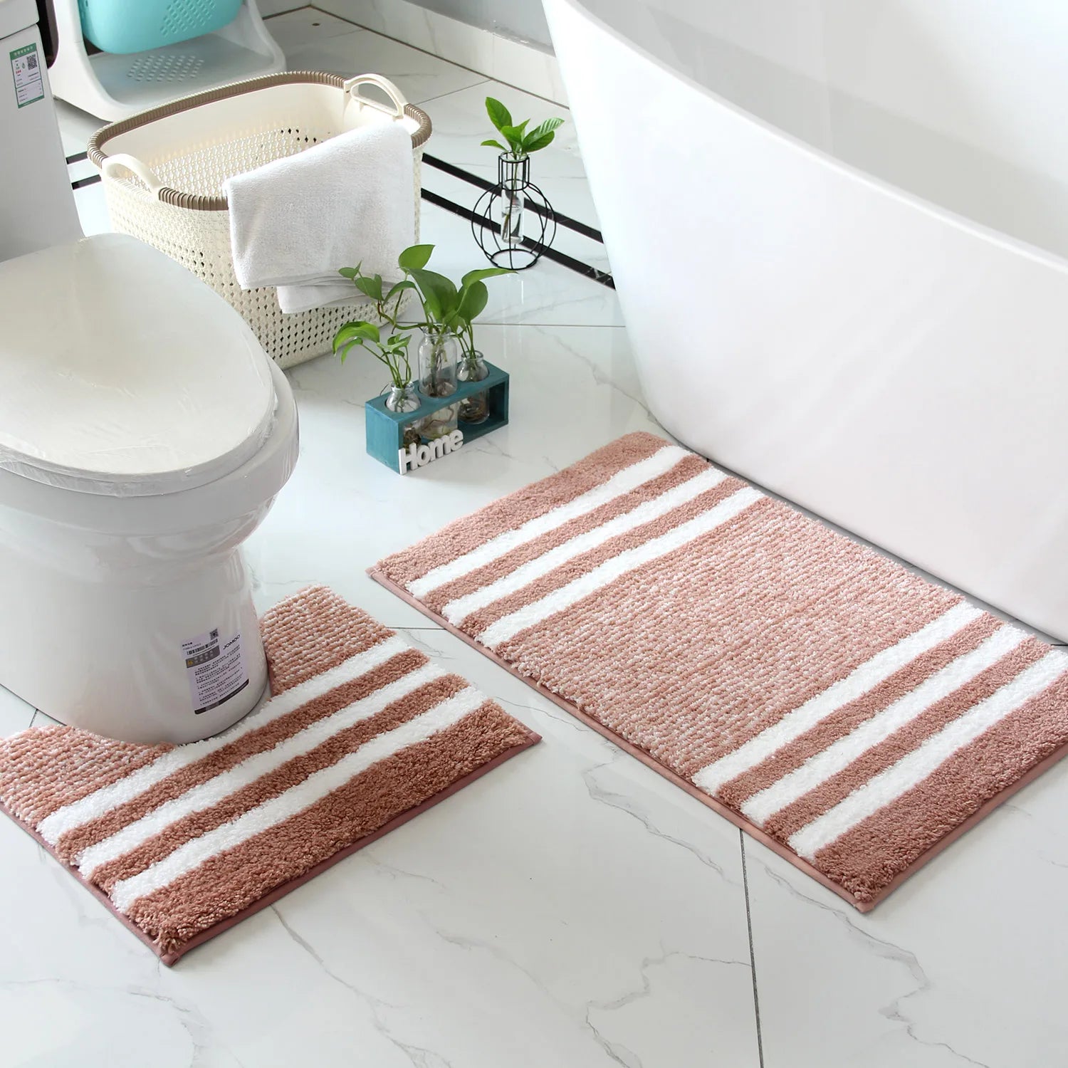 Striped microfiber bathroom carpet set 2-piece,waterproof,non-slip and quick drying,machine washable,TPR backing, medium velvet