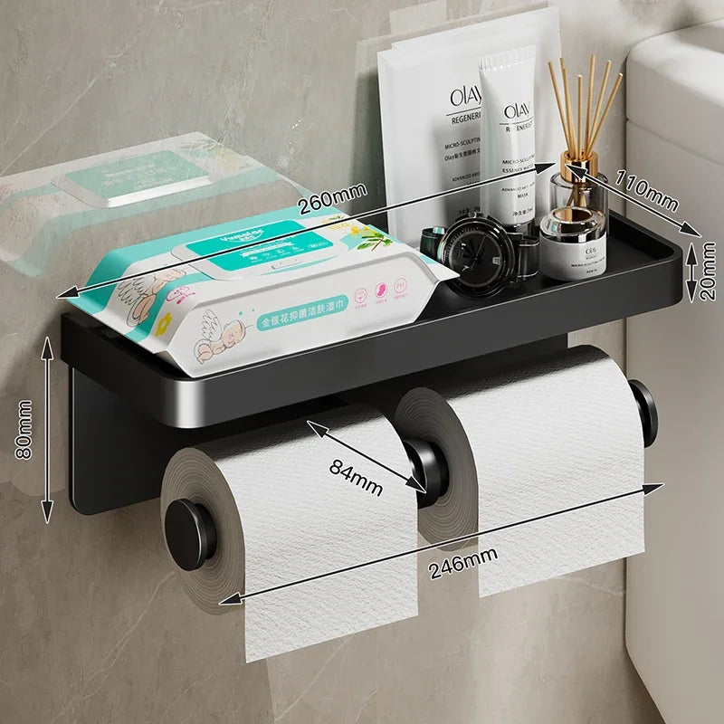 Black Gold Wall-Mounted Toilet Paper Holder with Phone & Towel Shelf Bathroom Rack
