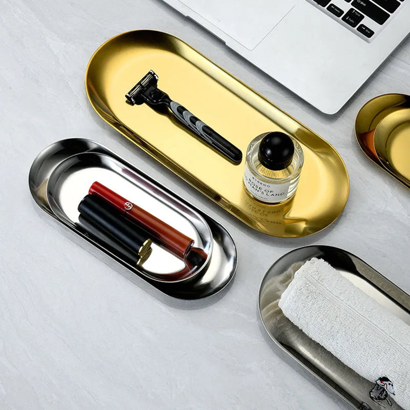 Oval Stainless Steel Dining & Dessert Plate – Gold & Silver Snack Tray