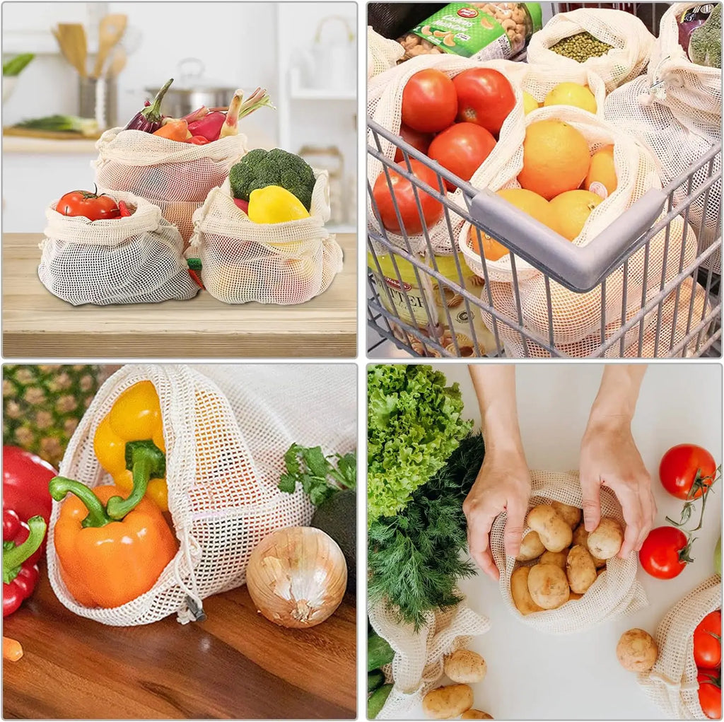 Reusable Cotton Mesh Vegetable Bags – 3 Sizes, Eco-Friendly Produce Storage