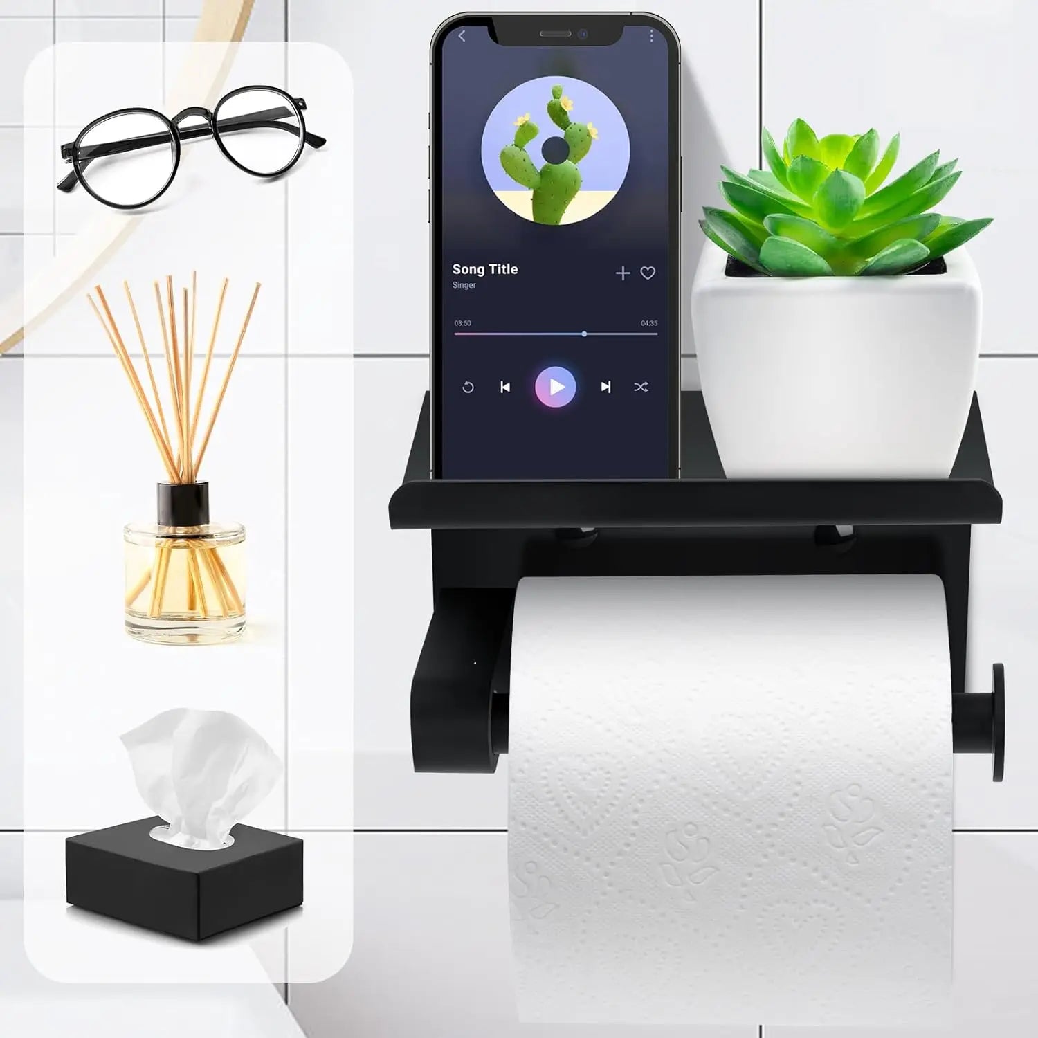 Self-Adhesive Stainless Steel Toilet Paper Holder with Phone Shelf Wall-Mount