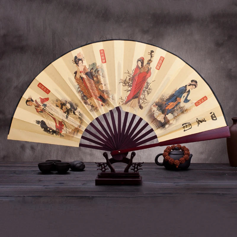 Silk & Bamboo Folding Fan Retro Decorative Handheld Fan 27x48cm