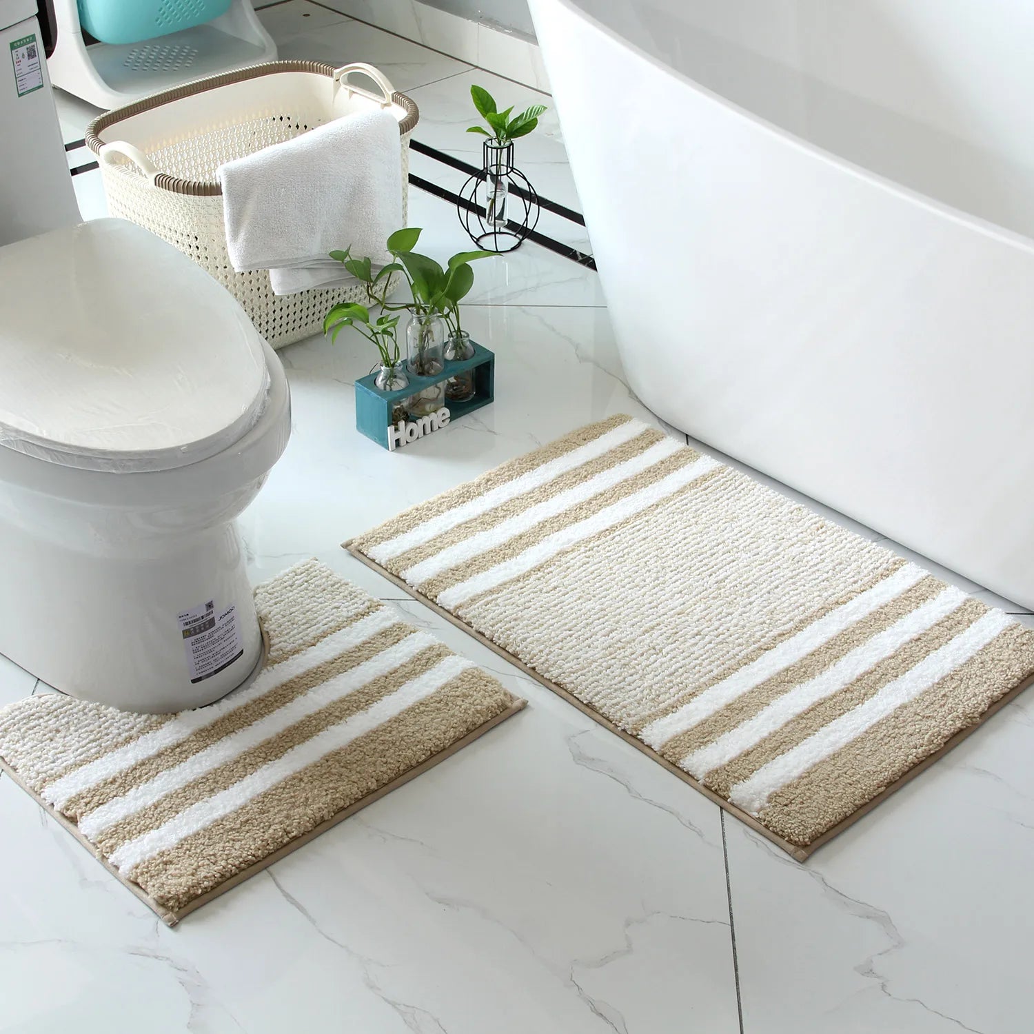 Striped microfiber bathroom carpet set 2-piece,waterproof,non-slip and quick drying,machine washable,TPR backing, medium velvet