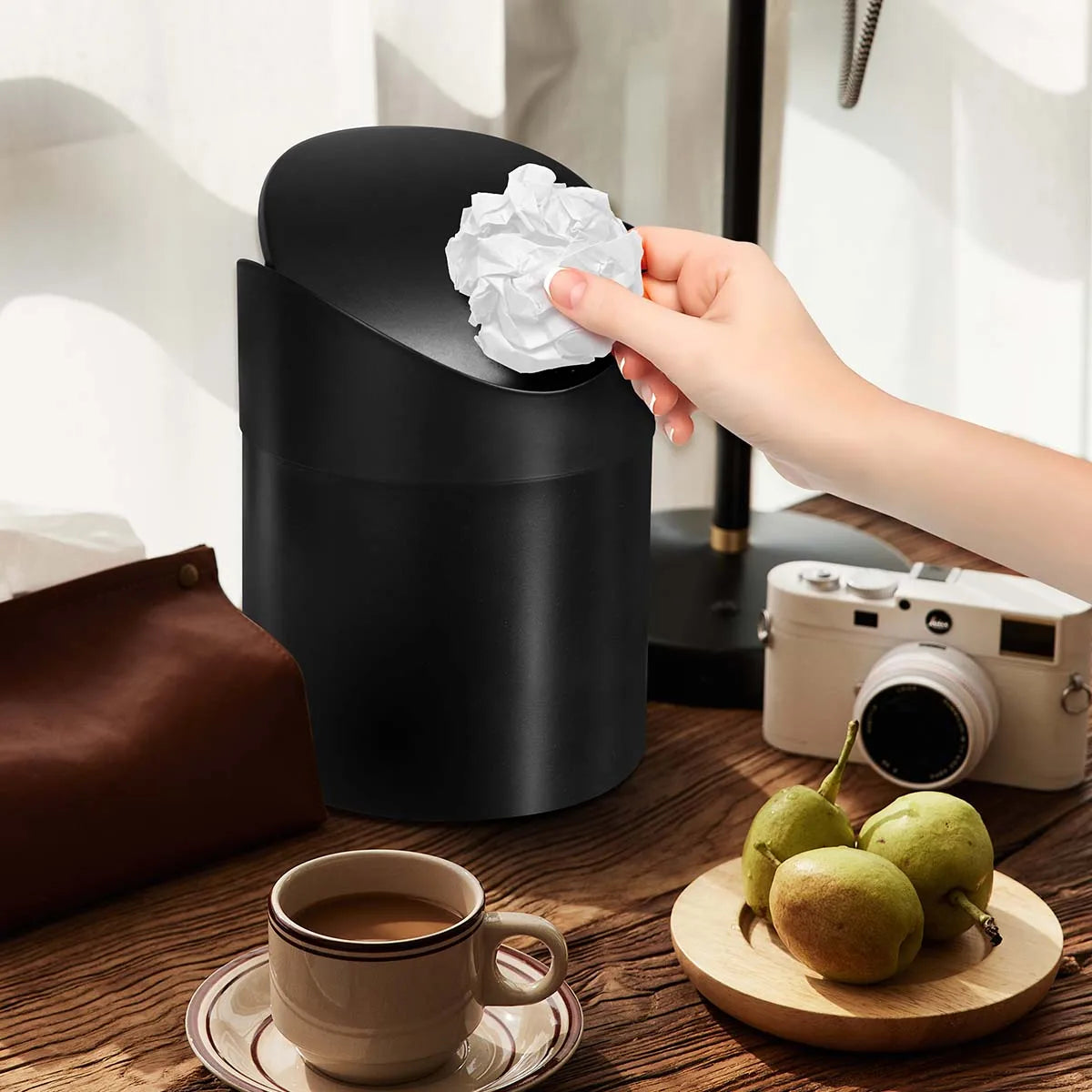 1.3L Mini Desktop Trash Can with Swing Lid, Small Garbage Waste Bin Organizer for Bathroom