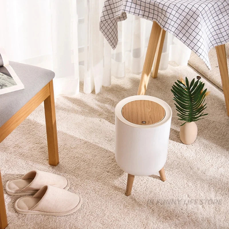 Wooden High Foot Trash Can Bathroom & Kitchen Waste Bin with Press Cover Living Room Garbage Container