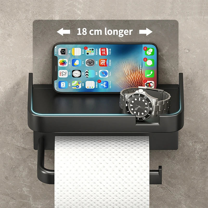 Wall-Mounted No-Drill Toilet Paper Holder with Shelf & Phone Stand, Plastic Bathroom Tissue Dispenser