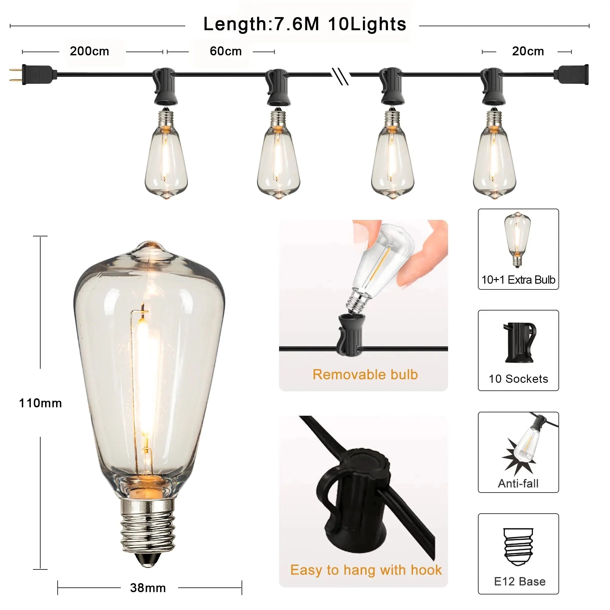 ST38 Water Drop String Lights 220V IP44 Waterproof Decorative
