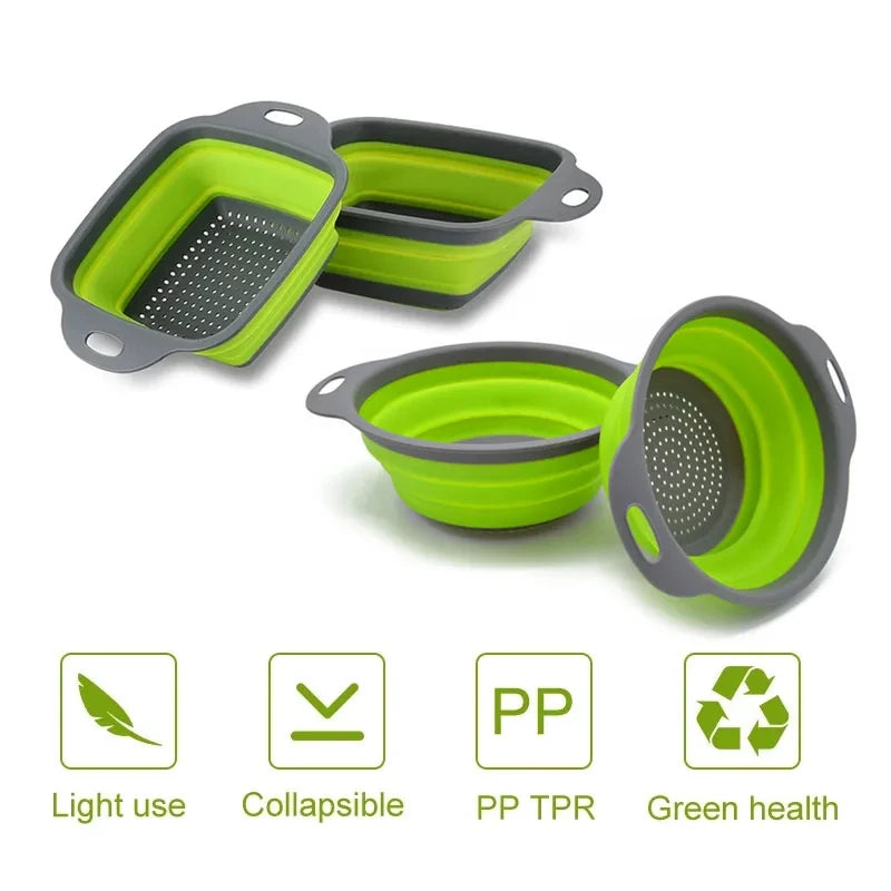 2PCS Silicone Folding Drain Basket – Square & Round Kitchen Strainer