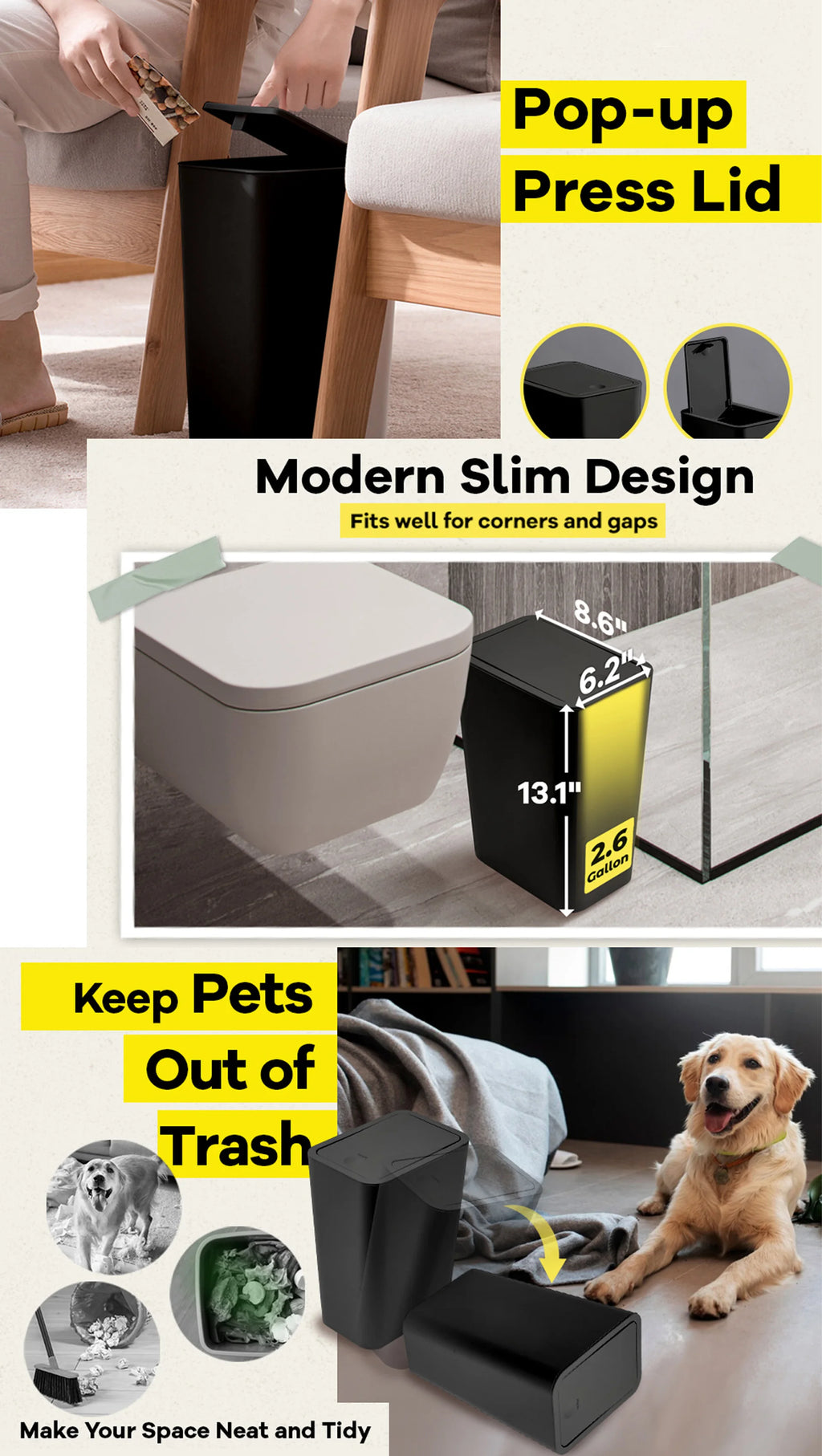 Bathroom Trash Can 10L – Small Plastic Garbage Bin with Press Lid for Toilet, Bedroom & Living Room