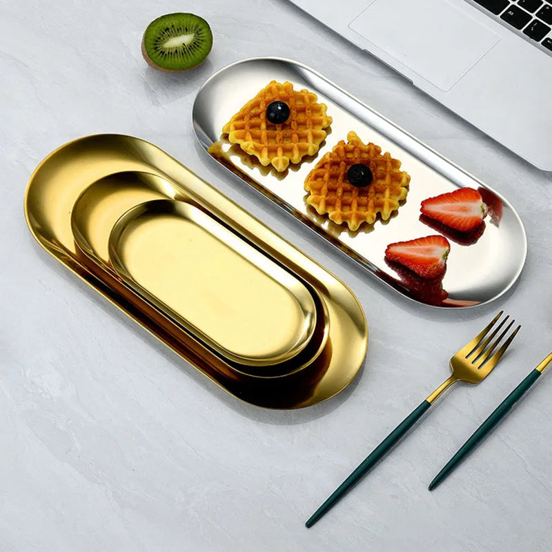 Oval Stainless Steel Dining & Dessert Plate – Gold & Silver Snack Tray