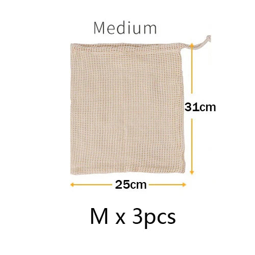 Reusable Cotton Mesh Vegetable Bags – 3 Sizes, Eco-Friendly Produce Storage